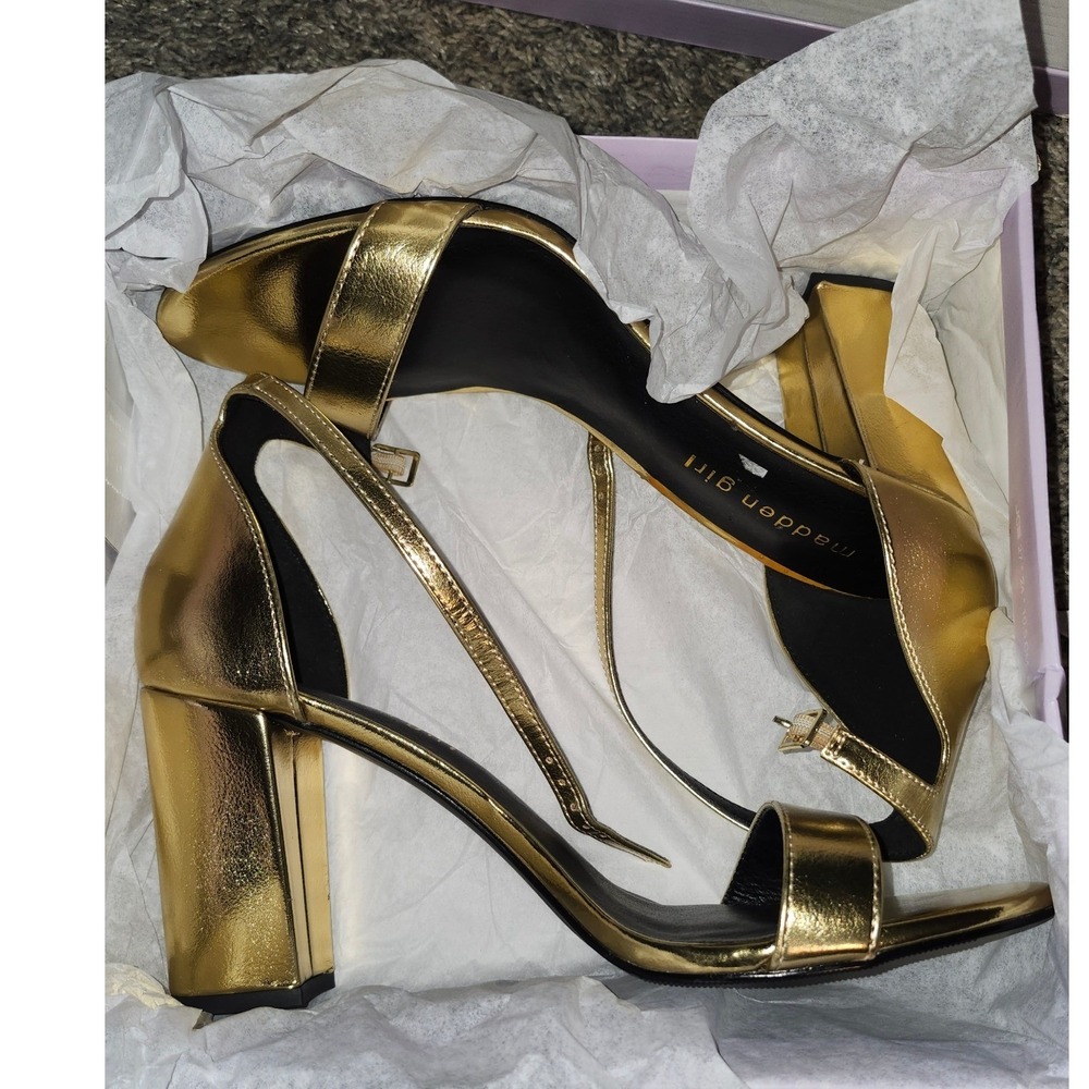 Madden Girl Beella Bright Gold Metallic Block Heel Ankle Strap Sandals